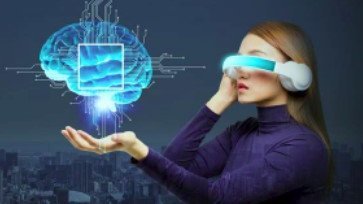 Grafische Illustration: Eine Frau hält eine Hologramm in den Händen und trägt eine VR-Brille