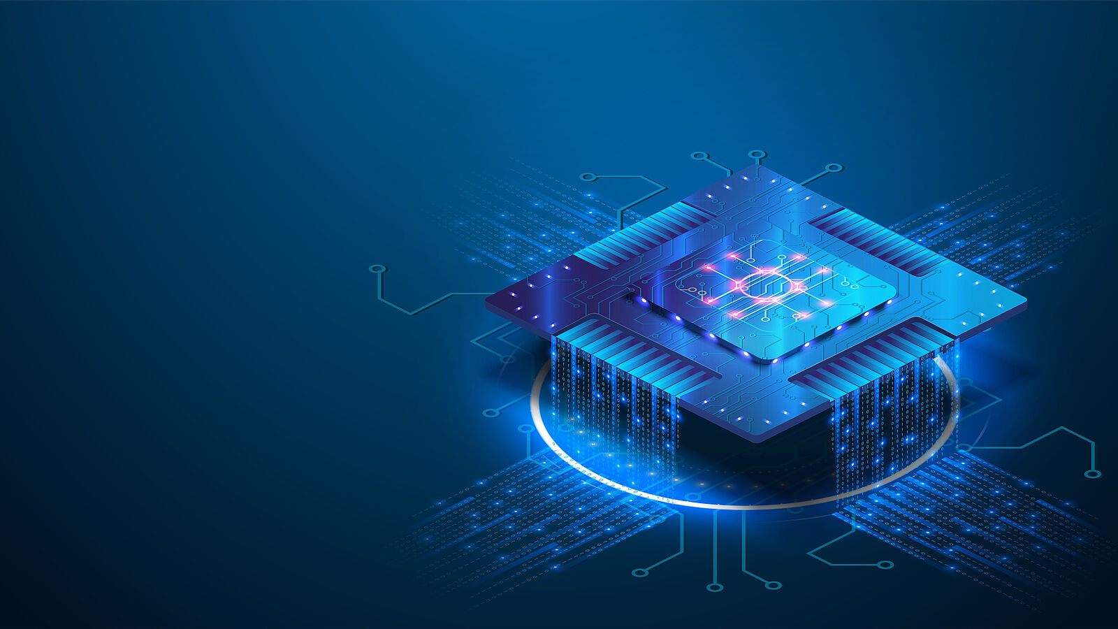 Dreidimensionale Darstellung eines Mikrochips vor blauem Hintergrund