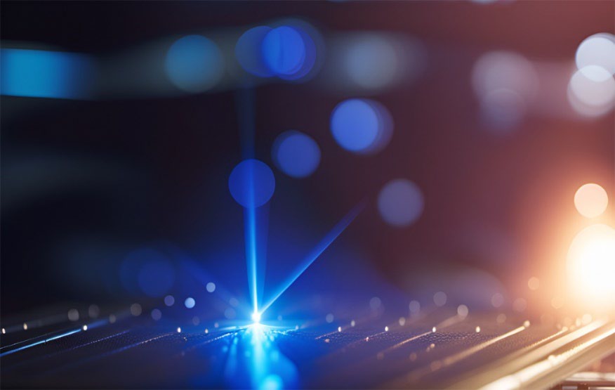Ein blauer Laserstrahl trifft auf eine strukturierte Oberfläche