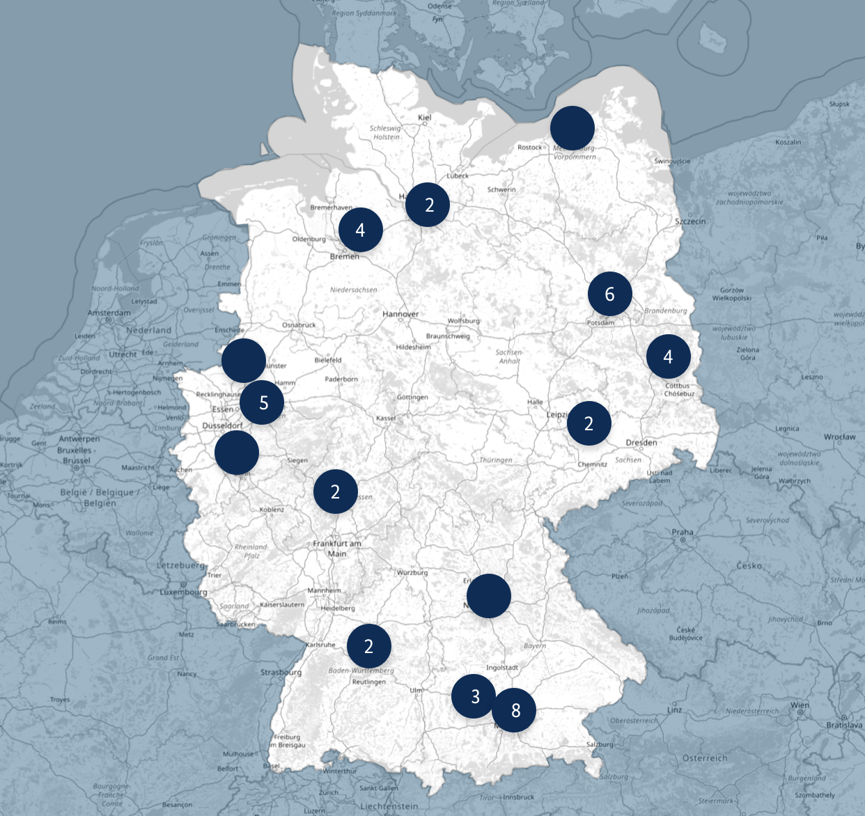 Landkarte von Deutschland mit Einträgen an verschiedenen Orten